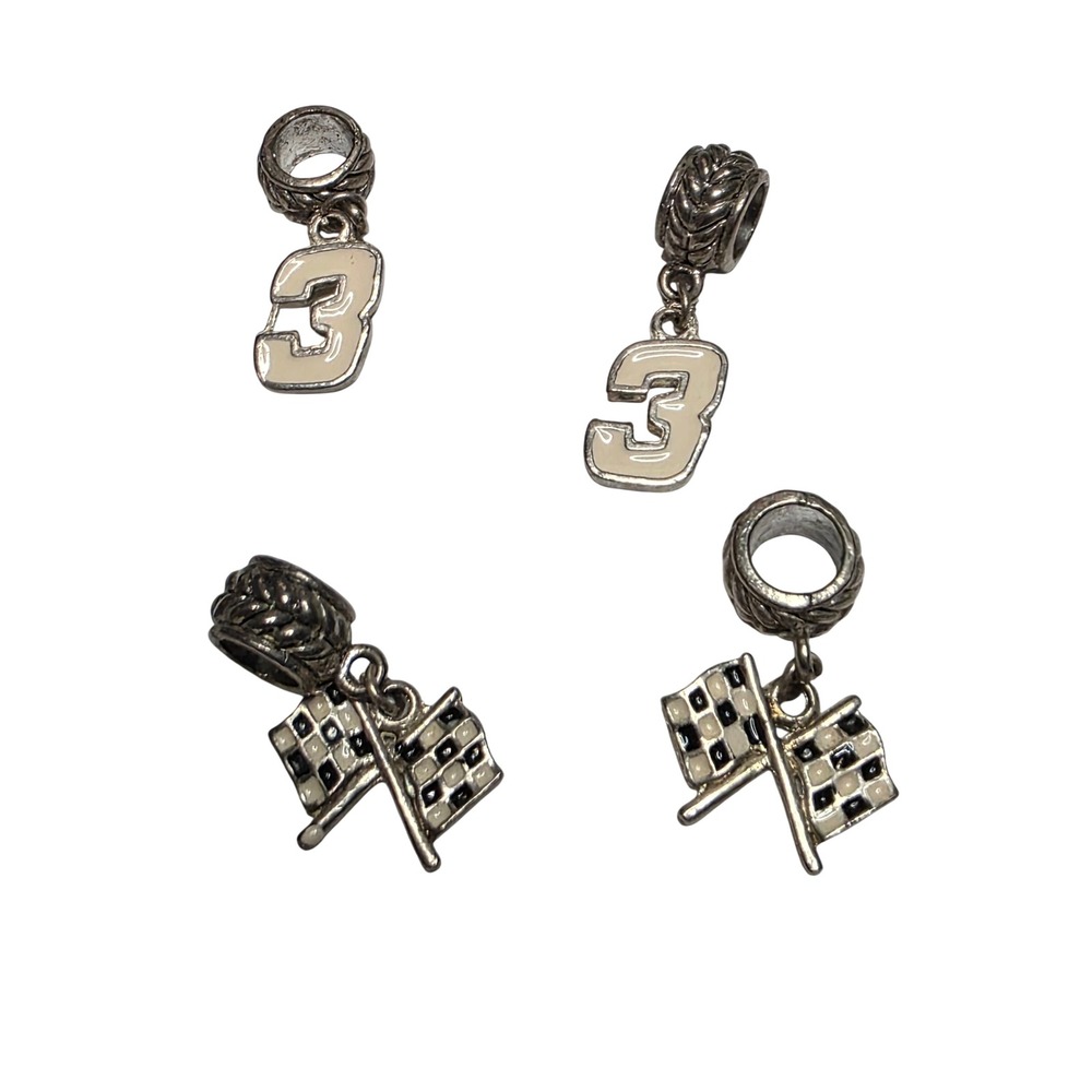 Racing Charm Set Number 3 and Checkered Flags Silver Tone Enamel 4 Piece Lot